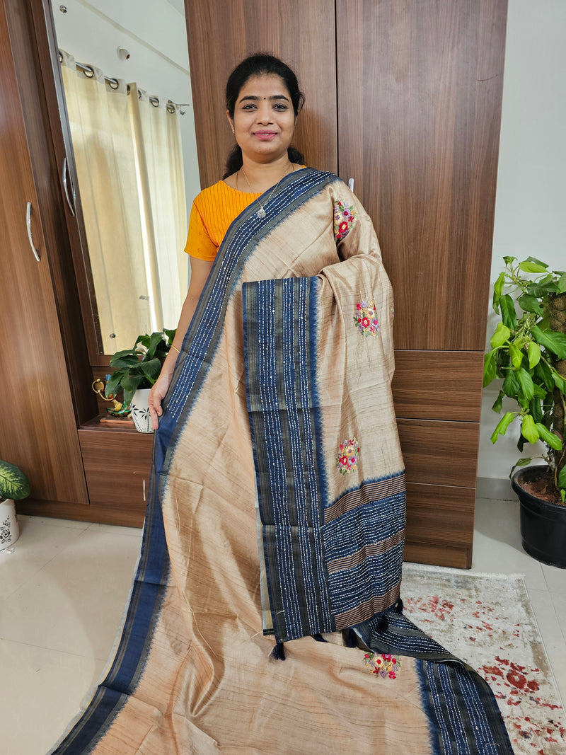 Semi Ghicha with Hand Emboridery Saree -Navy Blue