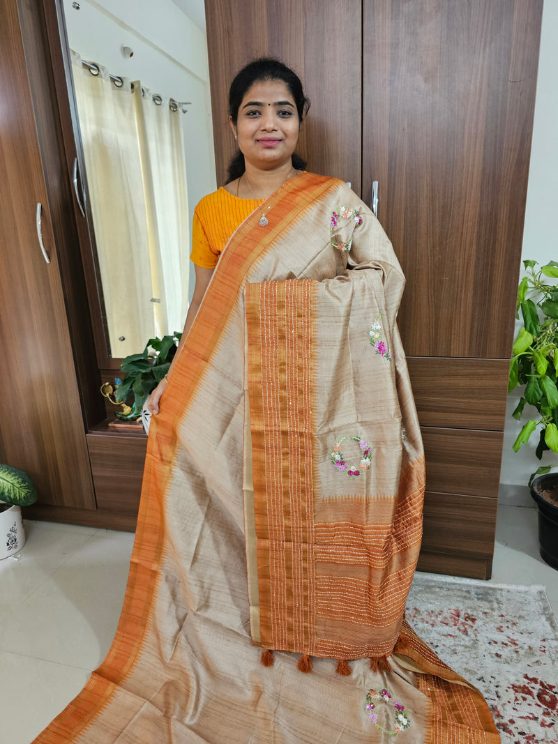 Semi Ghicha with Hand Emboridery Saree - Orange