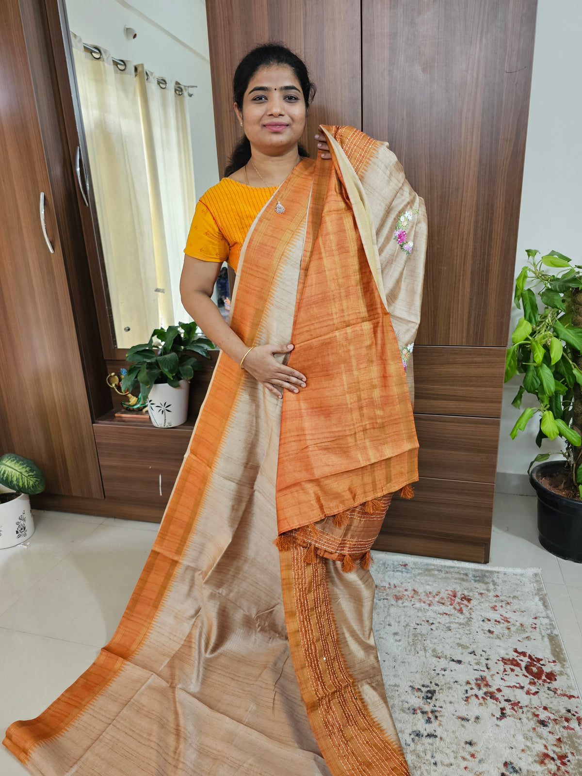 Semi Ghicha with Hand Emboridery Saree - Orange