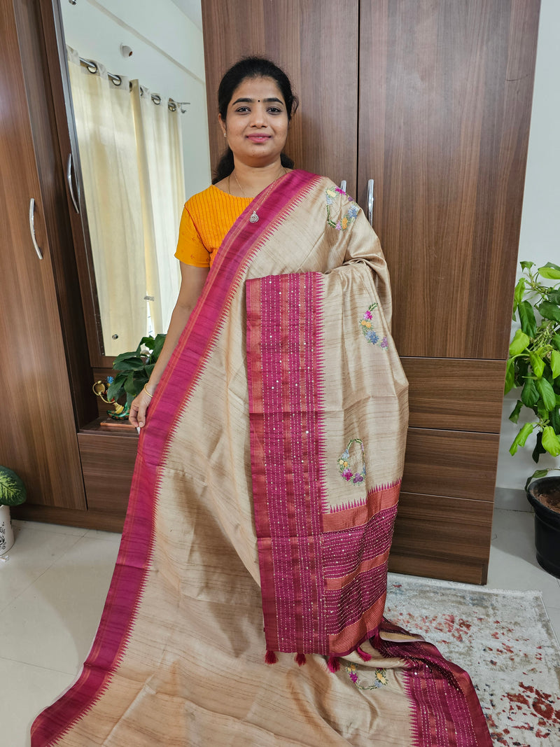 Semi Ghicha with Hand Emboridery Saree - Pink