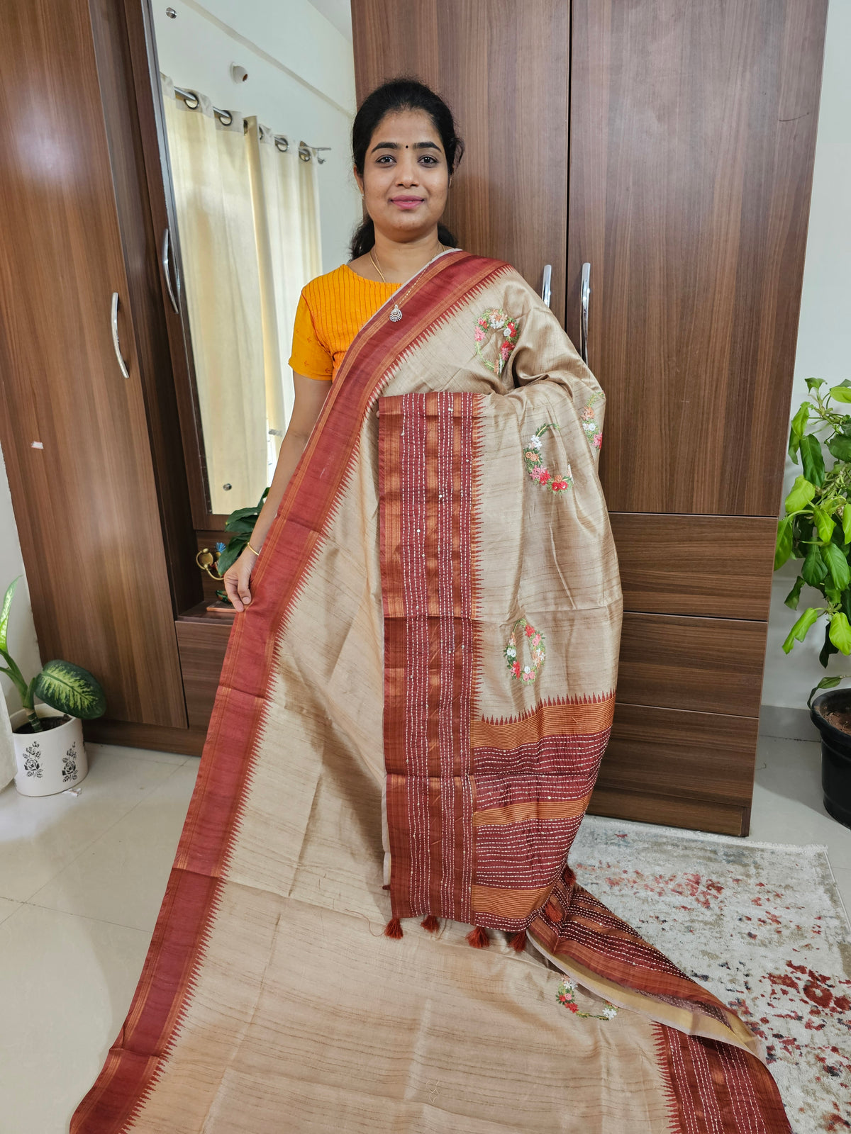 Semi Ghicha with Hand Emboridery Saree - Maroon