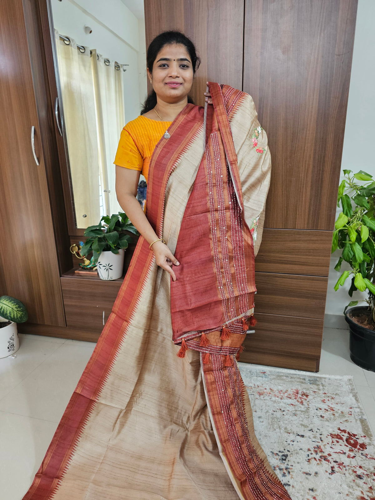 Semi Ghicha with Hand Emboridery Saree - Maroon