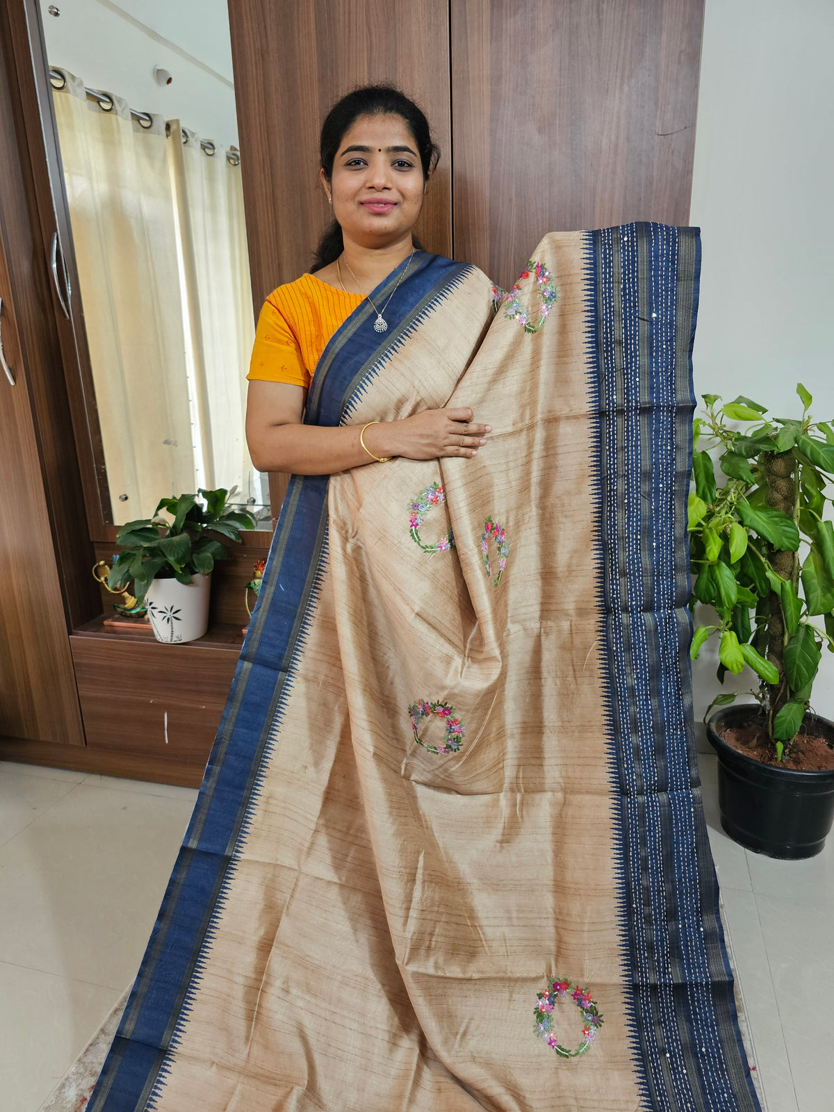 Semi Ghicha with Hand Emboridery Saree - Navy Blue