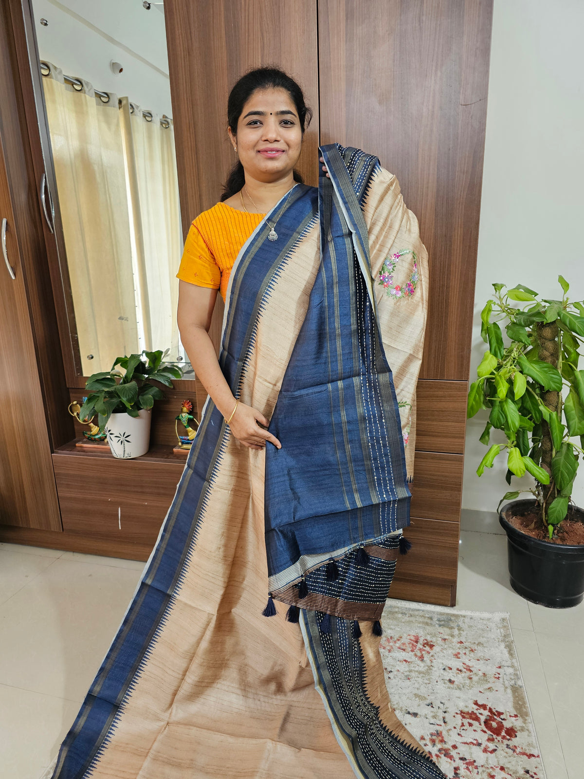 Semi Ghicha with Hand Emboridery Saree - Navy Blue