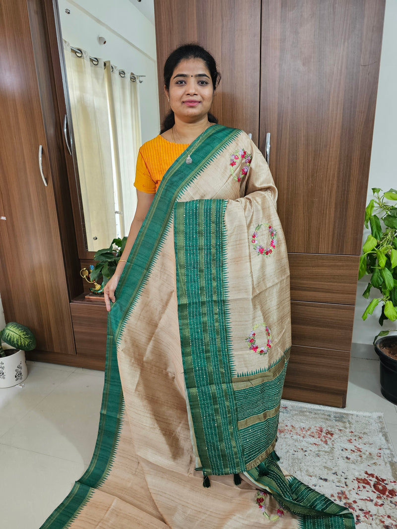 Semi Ghicha with Hand Emboridery Saree - Bottle Green