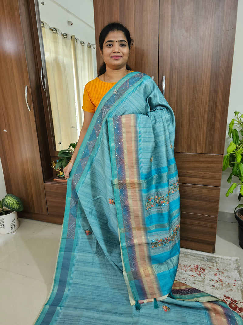 Semi Ghicha with Hand Emboridery Saree - Sky Blue