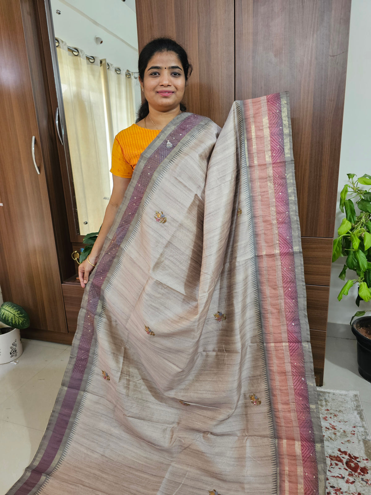 Semi Ghicha with Hand Emboridery Saree - Grey