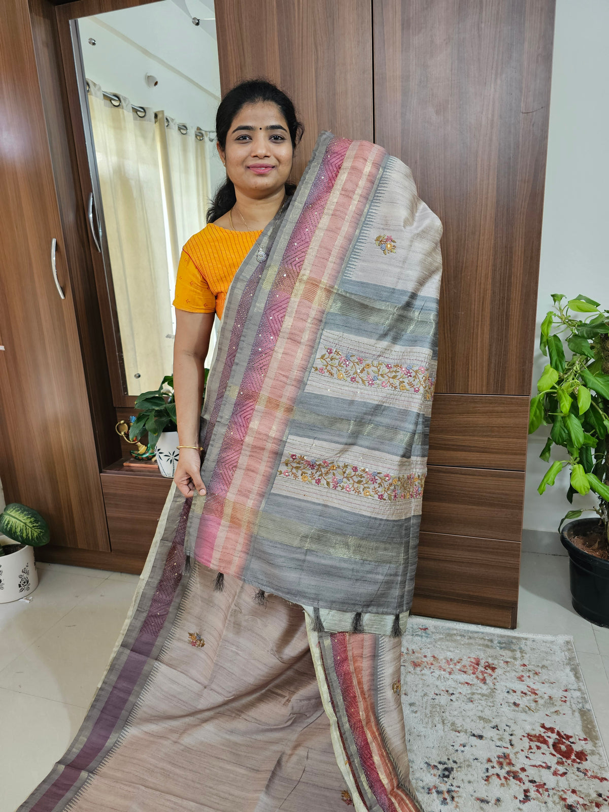 Semi Ghicha with Hand Emboridery Saree - Grey