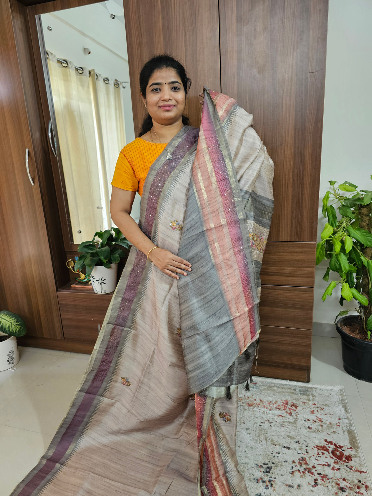 Semi Ghicha with Hand Emboridery Saree - Grey