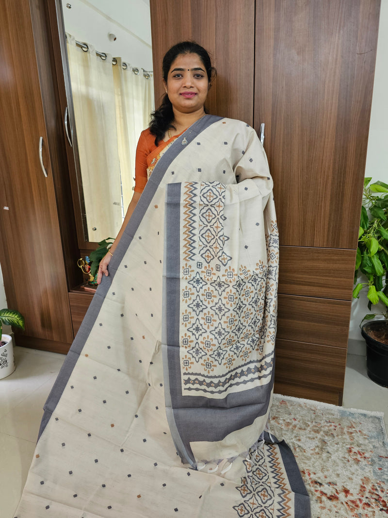 Semi Tussar with Digital Printed Saree - Cream with Grey