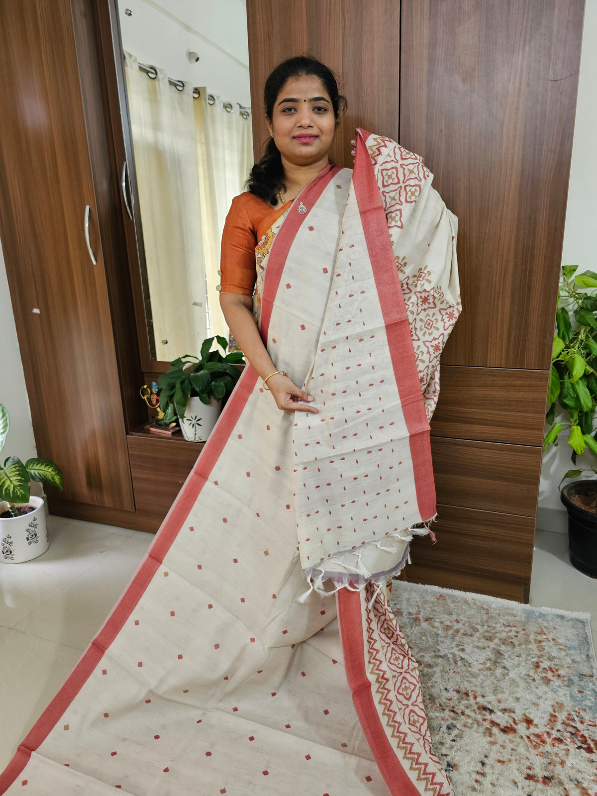 Semi Tussar with Digital Printed Saree - Cream with Marron