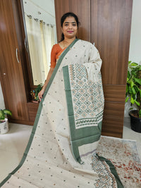 Semi Tussar with Digital Printed Saree - Cream with Green