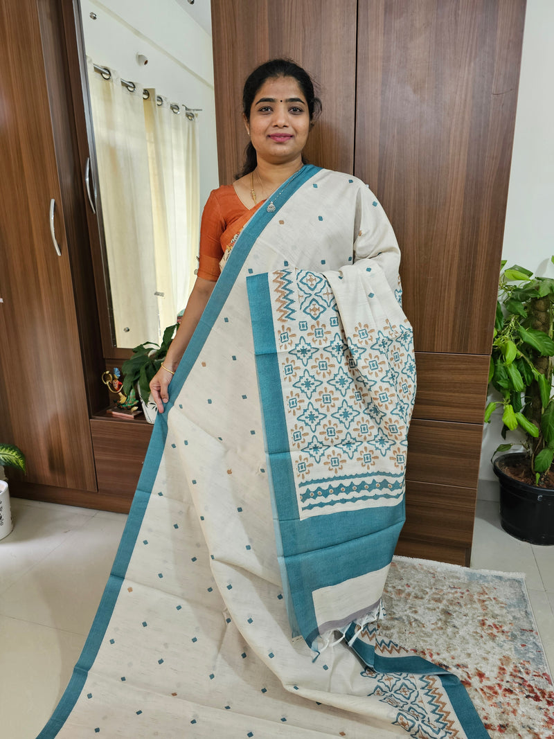 Semi Tussar with Digital Printed Saree - Cream with Peacock Blue