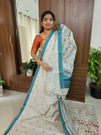 Semi Tussar with Digital Printed Saree - Cream with Peacock Blue