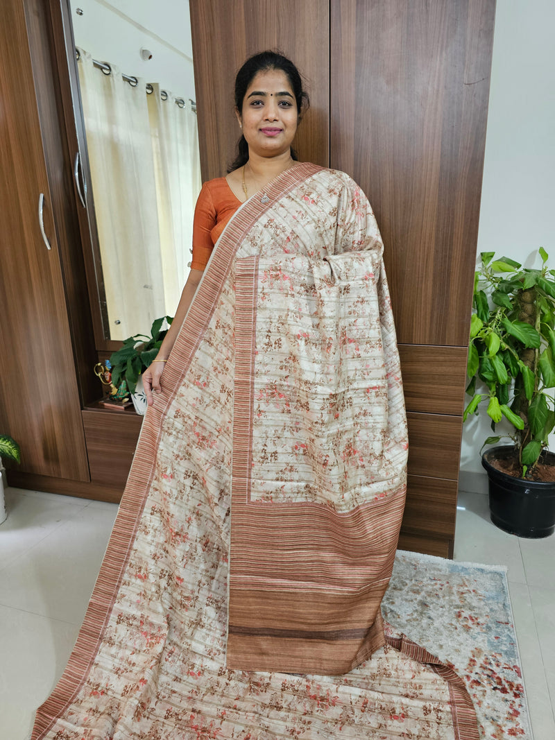 Semi Tussar with Digital Printed Saree - Cream with Brown