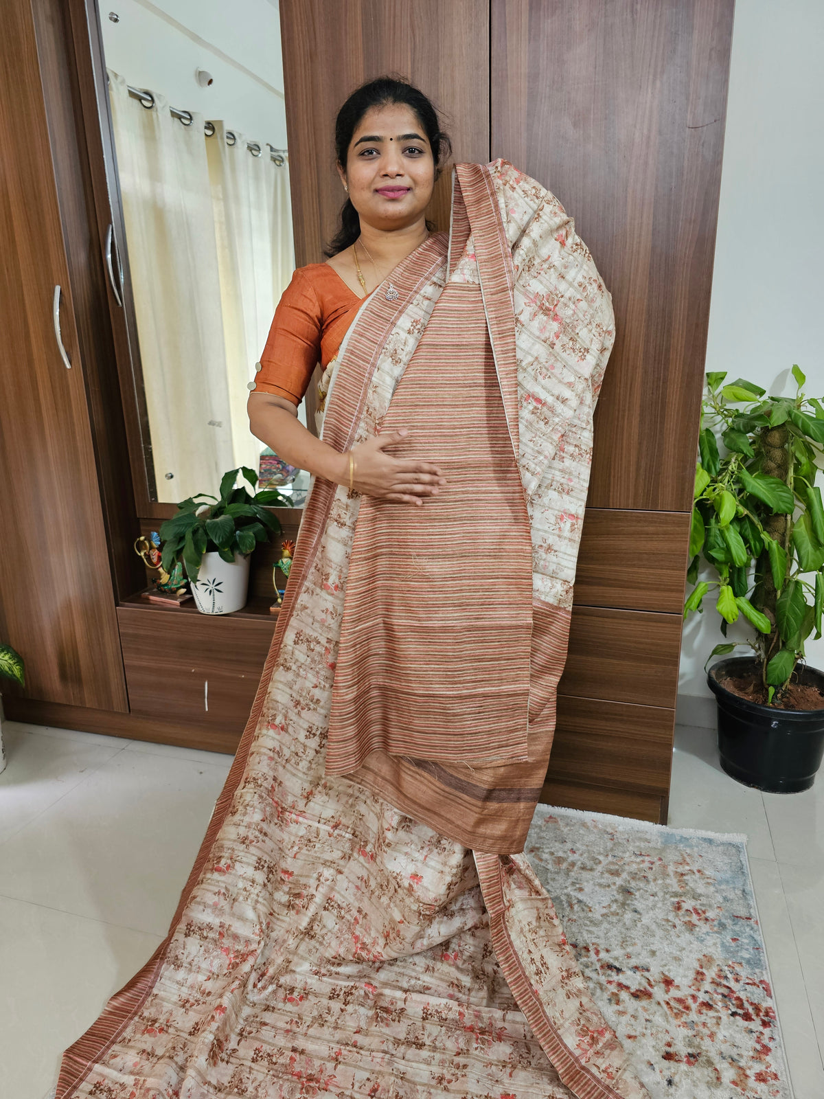 Semi Tussar with Digital Printed Saree - Cream with Brown