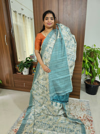 Semi Tussar with Digital Printed Saree -Cream with Sea Green