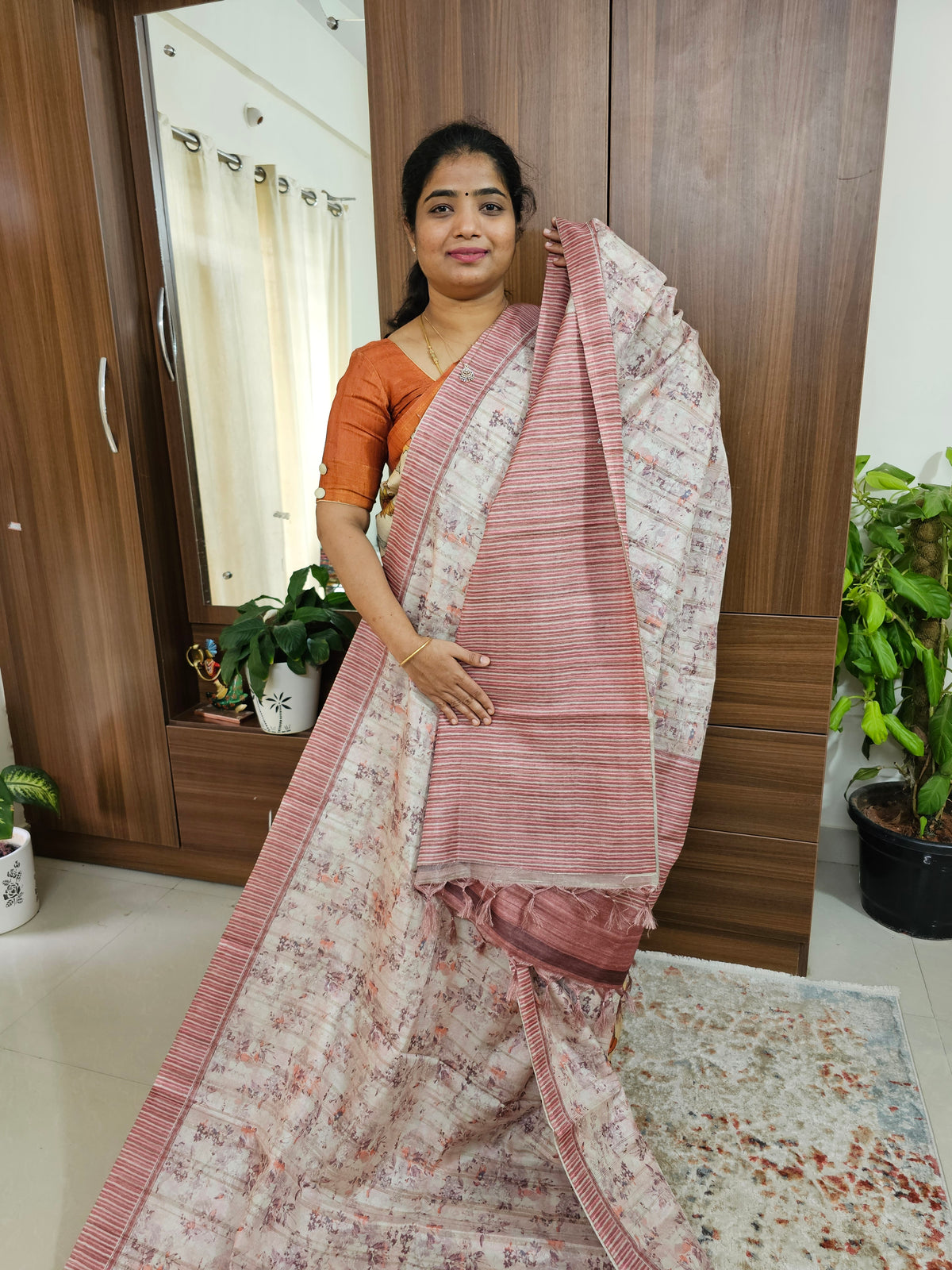 Semi Tussar with Digital Printed Saree -Cream with Onion Pink