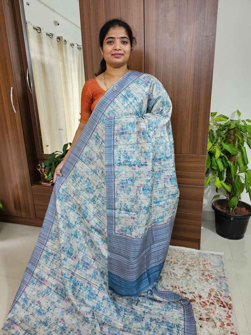 Semi Tussar with Digital Printed Saree -Cream with Blue