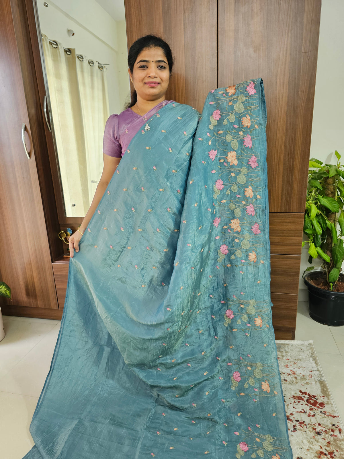 Premium Crushed Designer Soft Saree - Light Blue