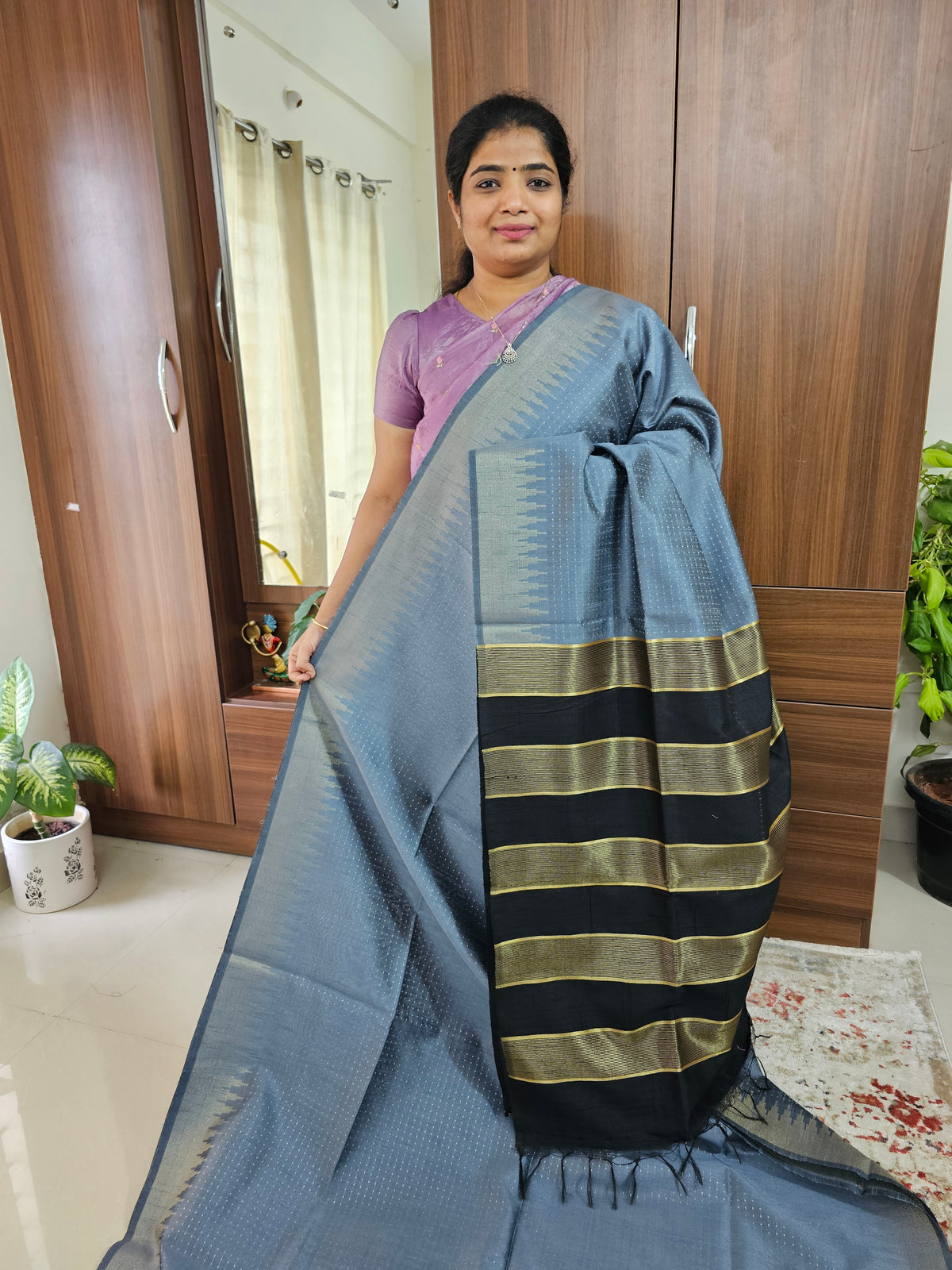 Semi Raw Silk Saree - Grey with Black