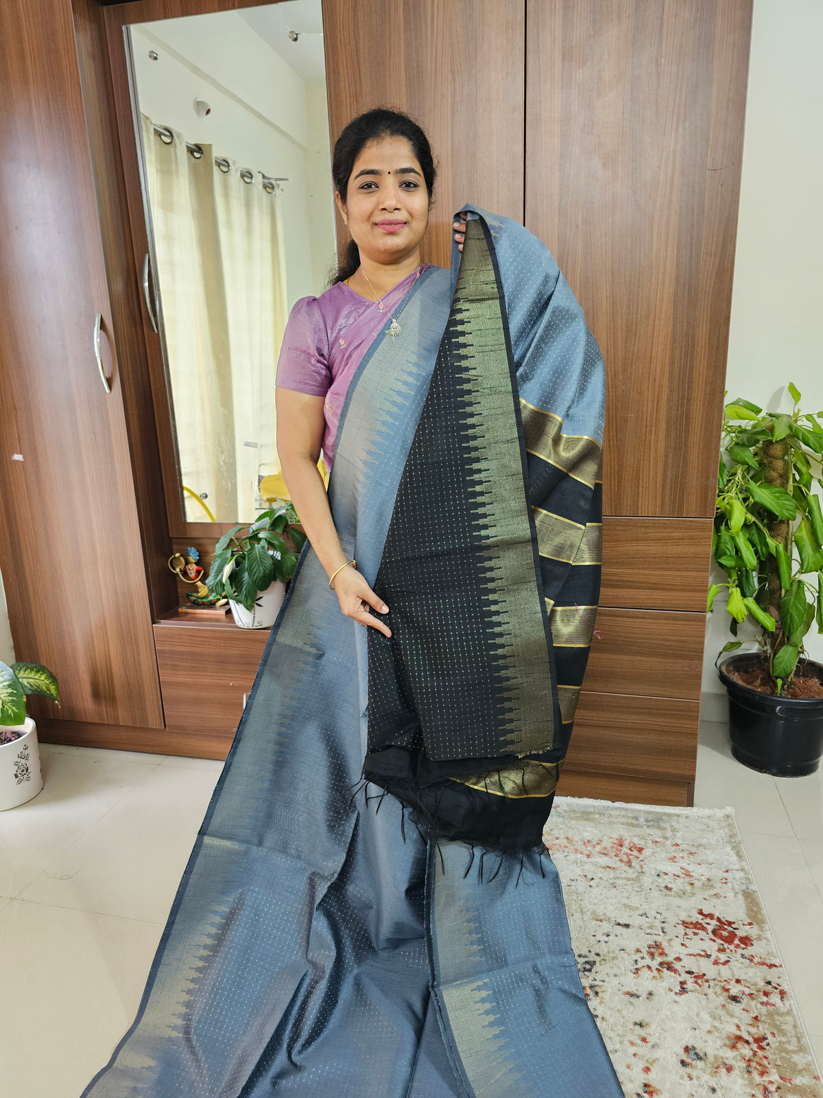 Semi Raw Silk Saree - Grey with Black