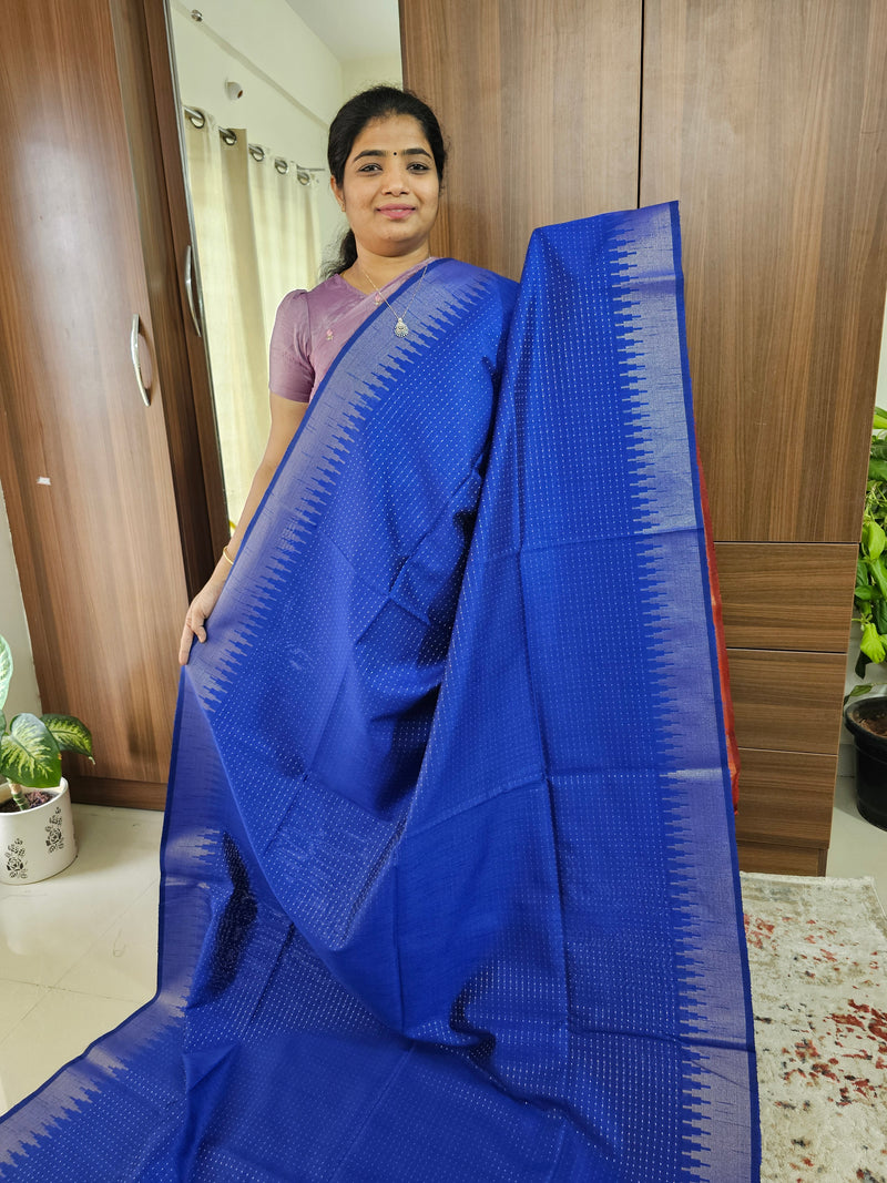 Semi Raw Silk Saree - Blue with Red