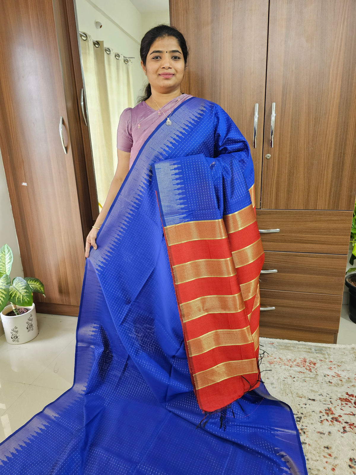 Semi Raw Silk Saree - Blue with Red