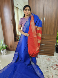 Semi Raw Silk Saree - Blue with Red