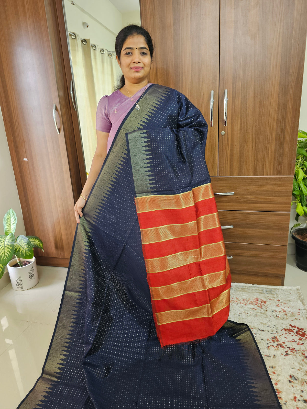 Semi Raw Silk Saree - Blue with Red