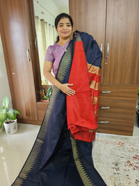 Semi Raw Silk Saree - Blue with Red