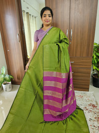 Semi Raw Silk Saree - Green with Pink