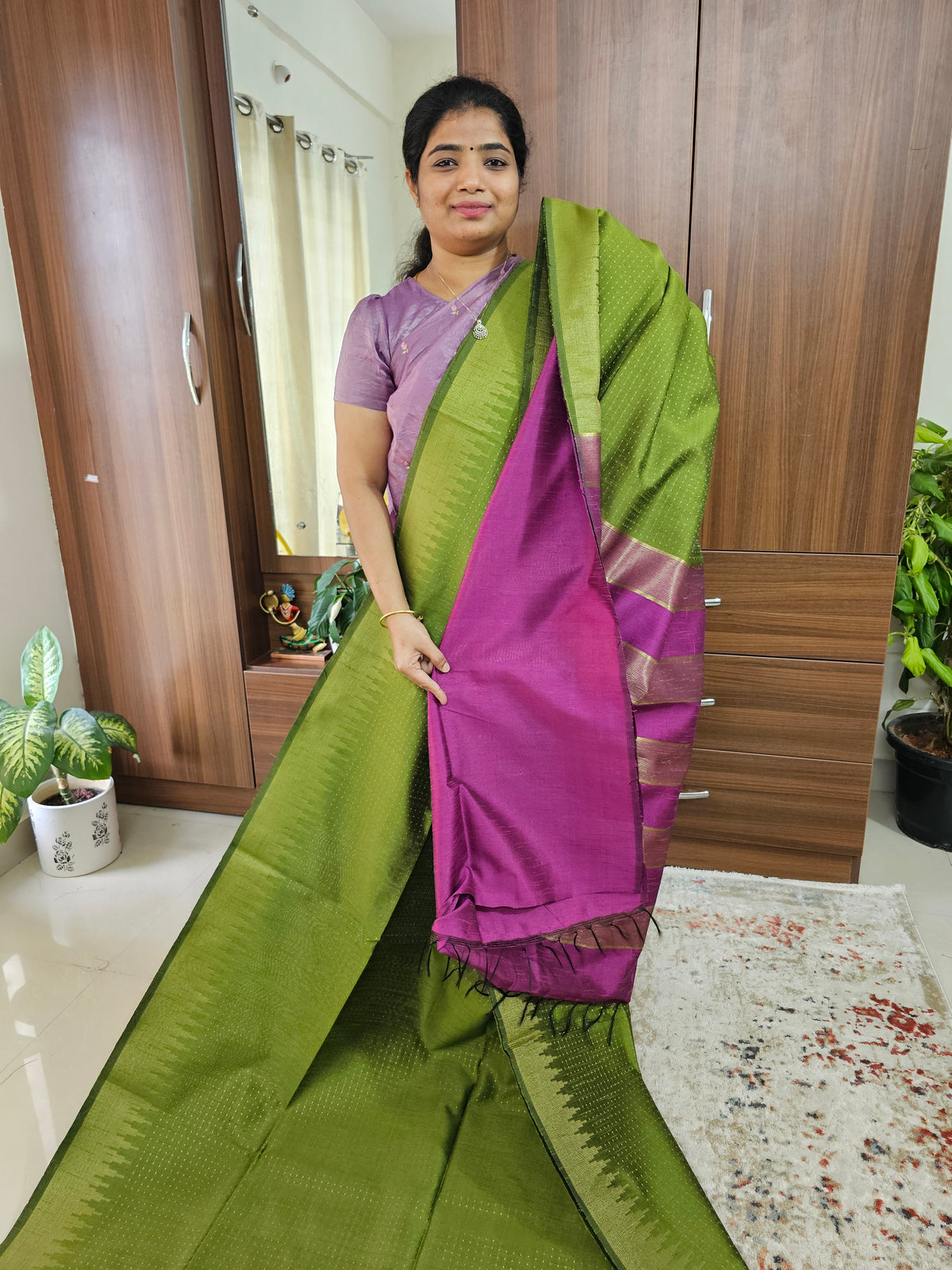 Semi Raw Silk Saree - Green with Pink