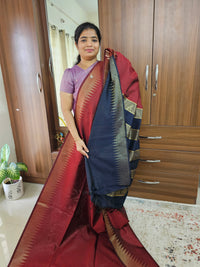 Semi Raw Silk Saree - Dark Maroon with Blue