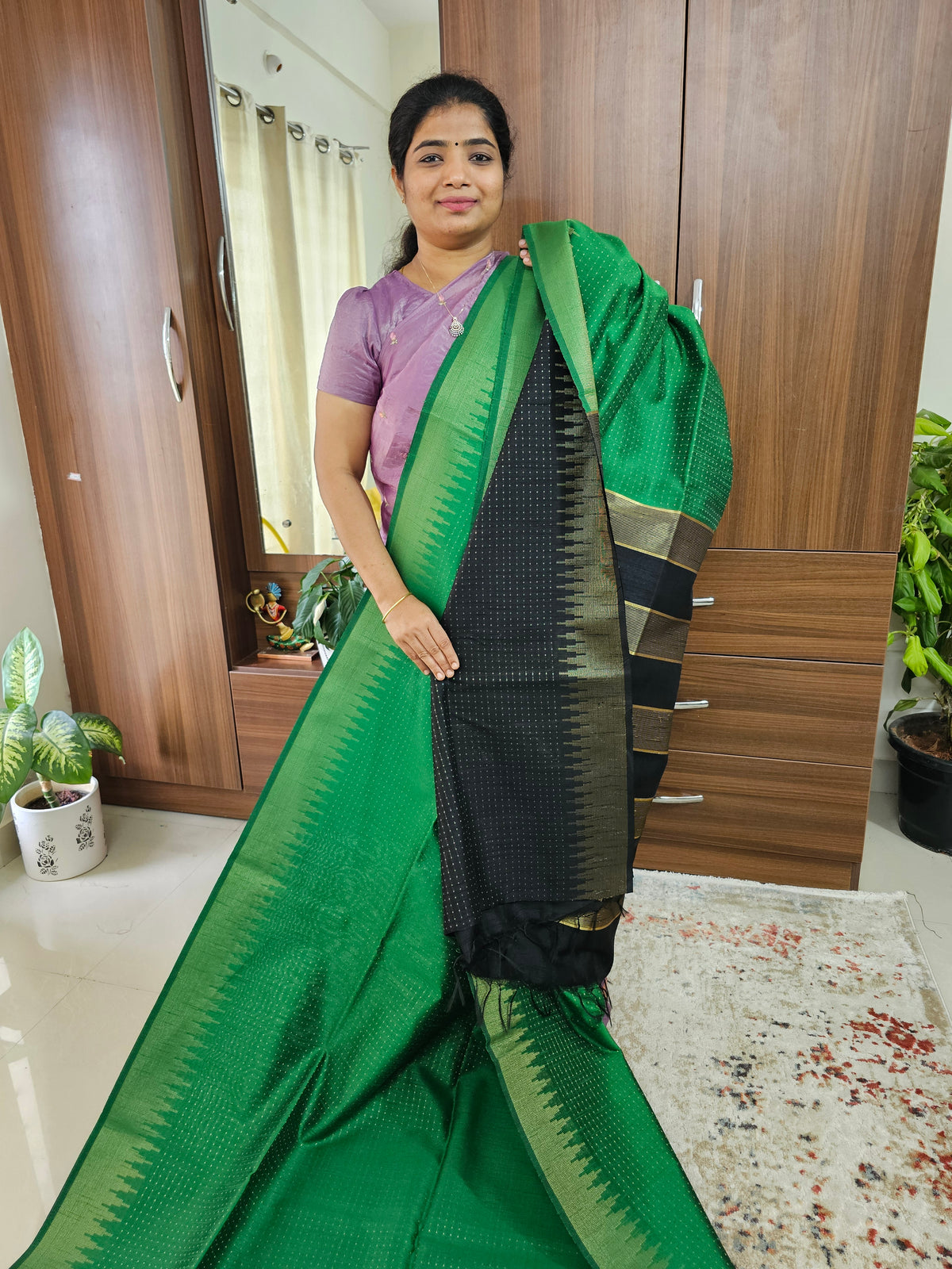 Semi Raw Silk Saree - Dark Green with Black