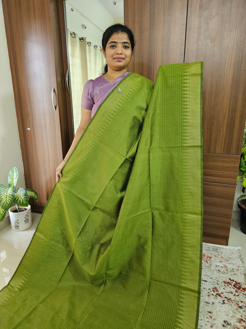 Semi Raw Silk Saree - Green with Mustrd Yellow