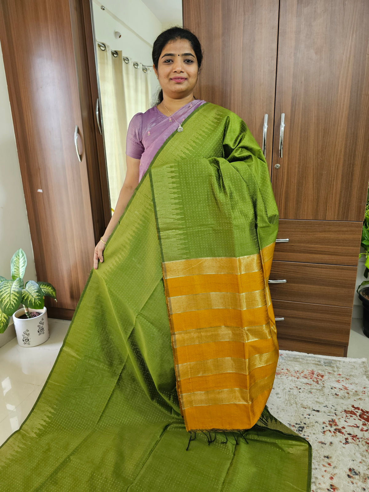 Semi Raw Silk Saree - Green with Mustrd Yellow