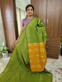 Semi Raw Silk Saree - Green with Mustrd Yellow