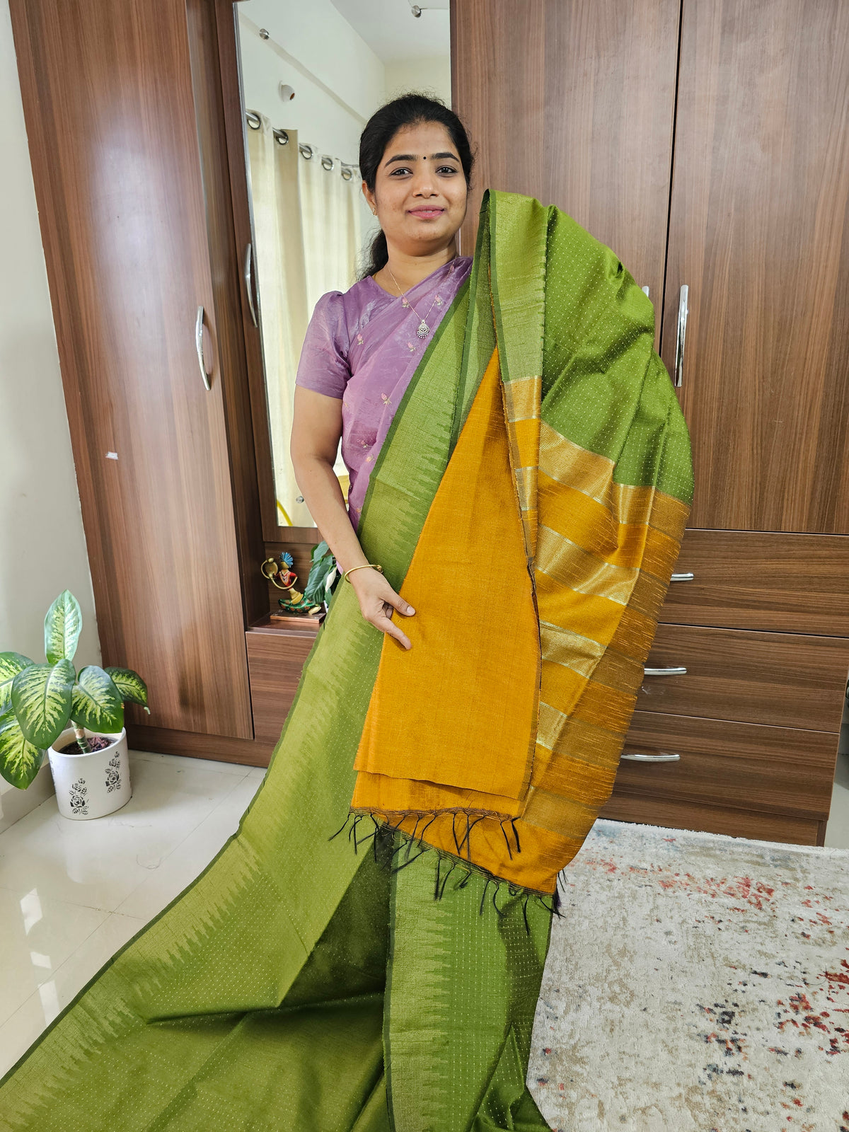 Semi Raw Silk Saree - Green with Mustrd Yellow