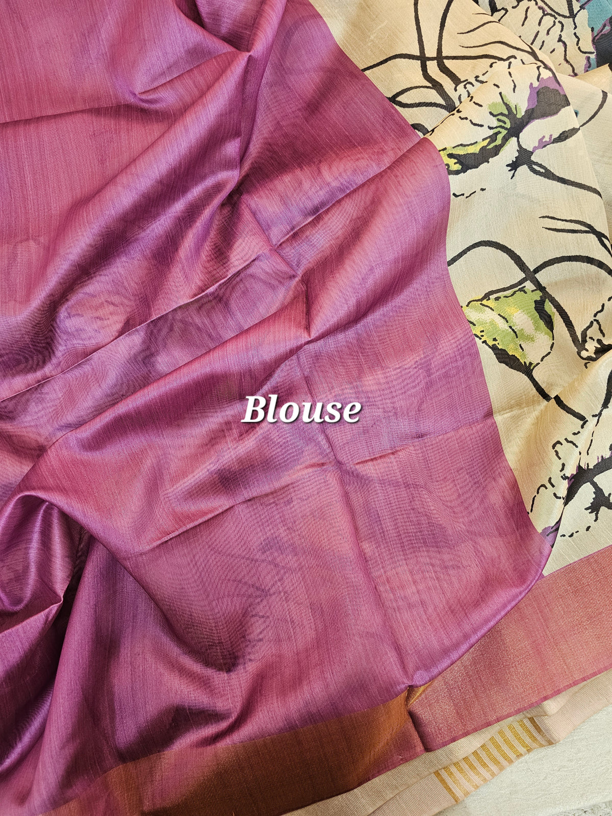 Semi Tussar with Tissue Border - Cream with Magenta Pink