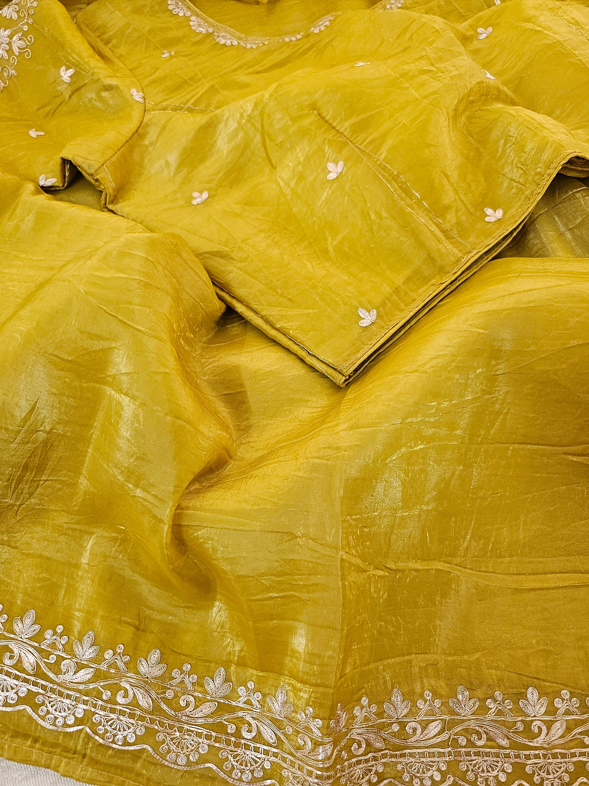 Premium Crushed Designer Soft Saree with Pita Hand Work - Yellow