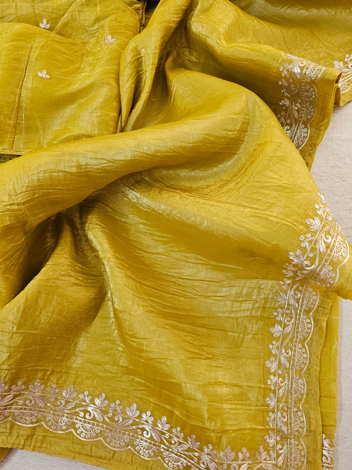 Premium Crushed Designer Soft Saree with Pita Hand Work - Yellow