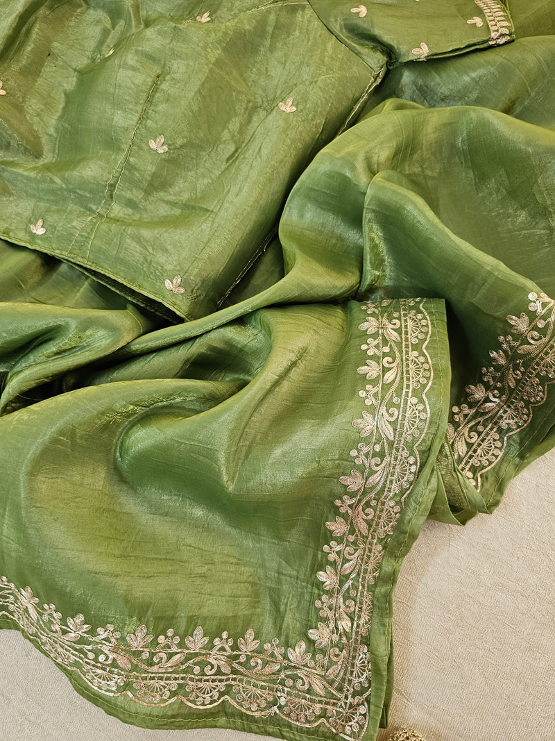 Premium Crushed Designer Soft Saree with Pita Hand Work -  Green