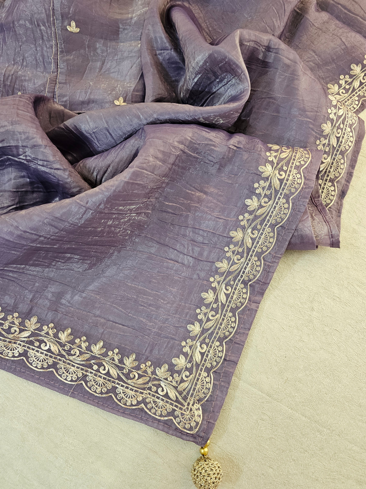 Premium Crushed Designer Soft Saree with Pita Hand Work - Lavender