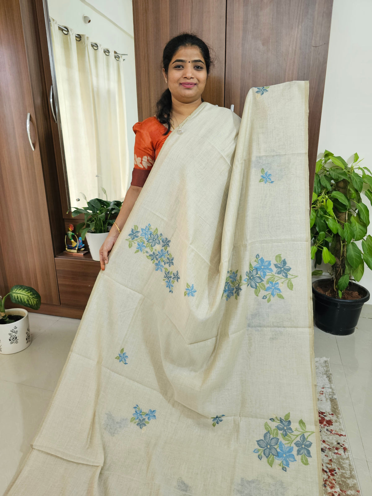 Soft Cotton with Weaving Floral Pattern  - Cream with Blue