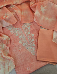 Chanderi with Shibori Print Unstitched Salwar Suit - Peach Shade