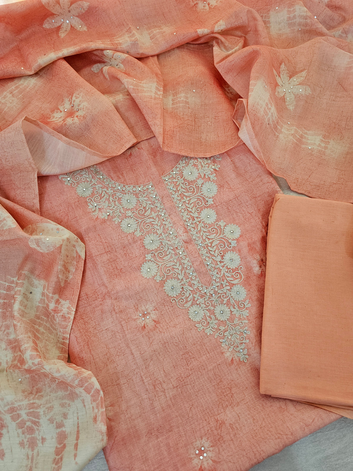 Chanderi with Shibori Print Unstitched Salwar Suit - Peach Shade