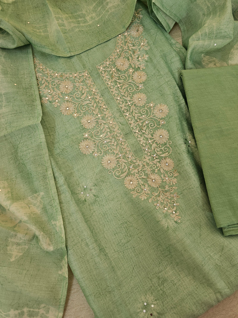 Chanderi with Shibori Print Unstitched Salwar Suit - Sea Green Shade