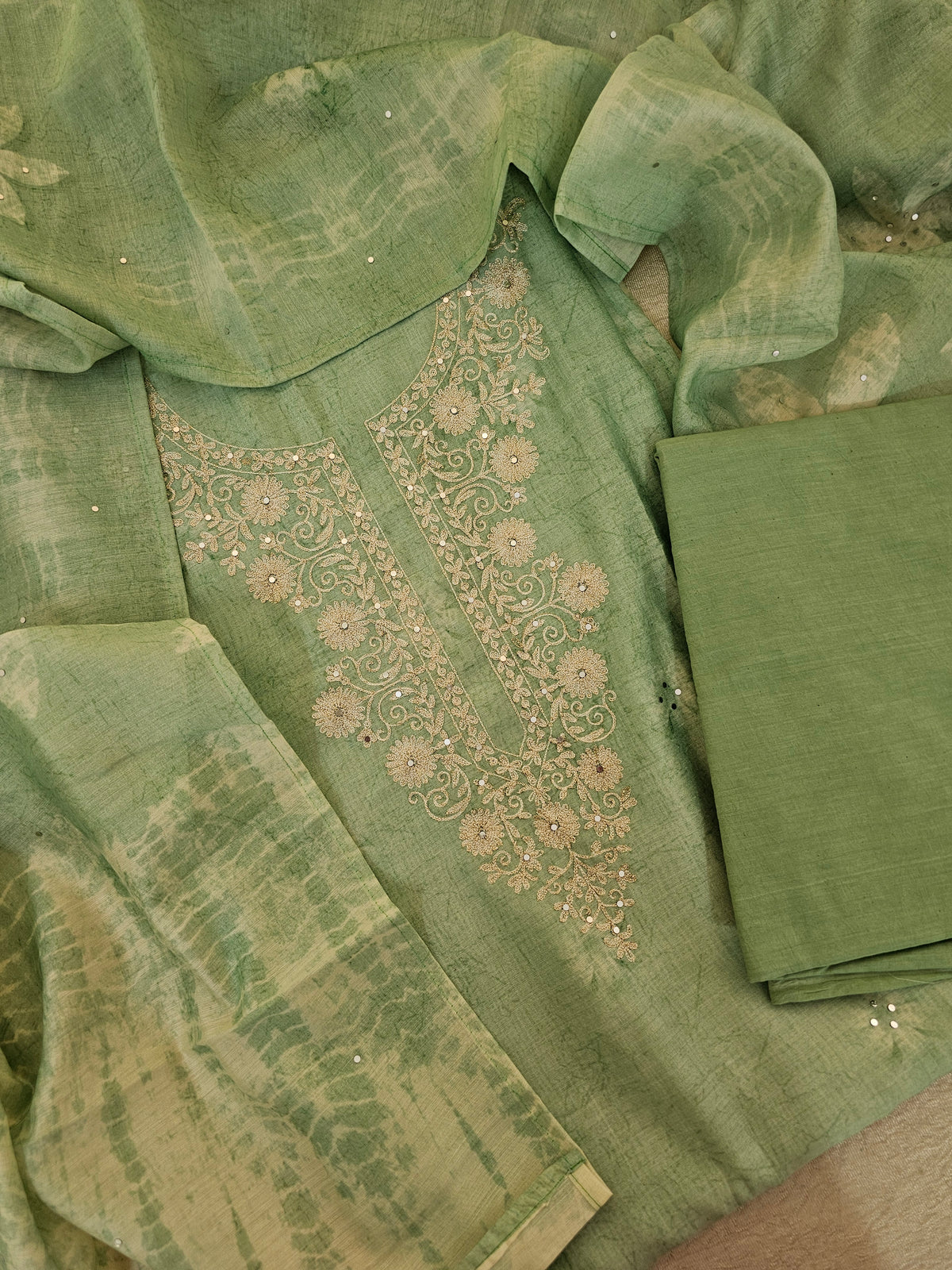 Chanderi with Shibori Print Unstitched Salwar Suit - Sea Green Shade