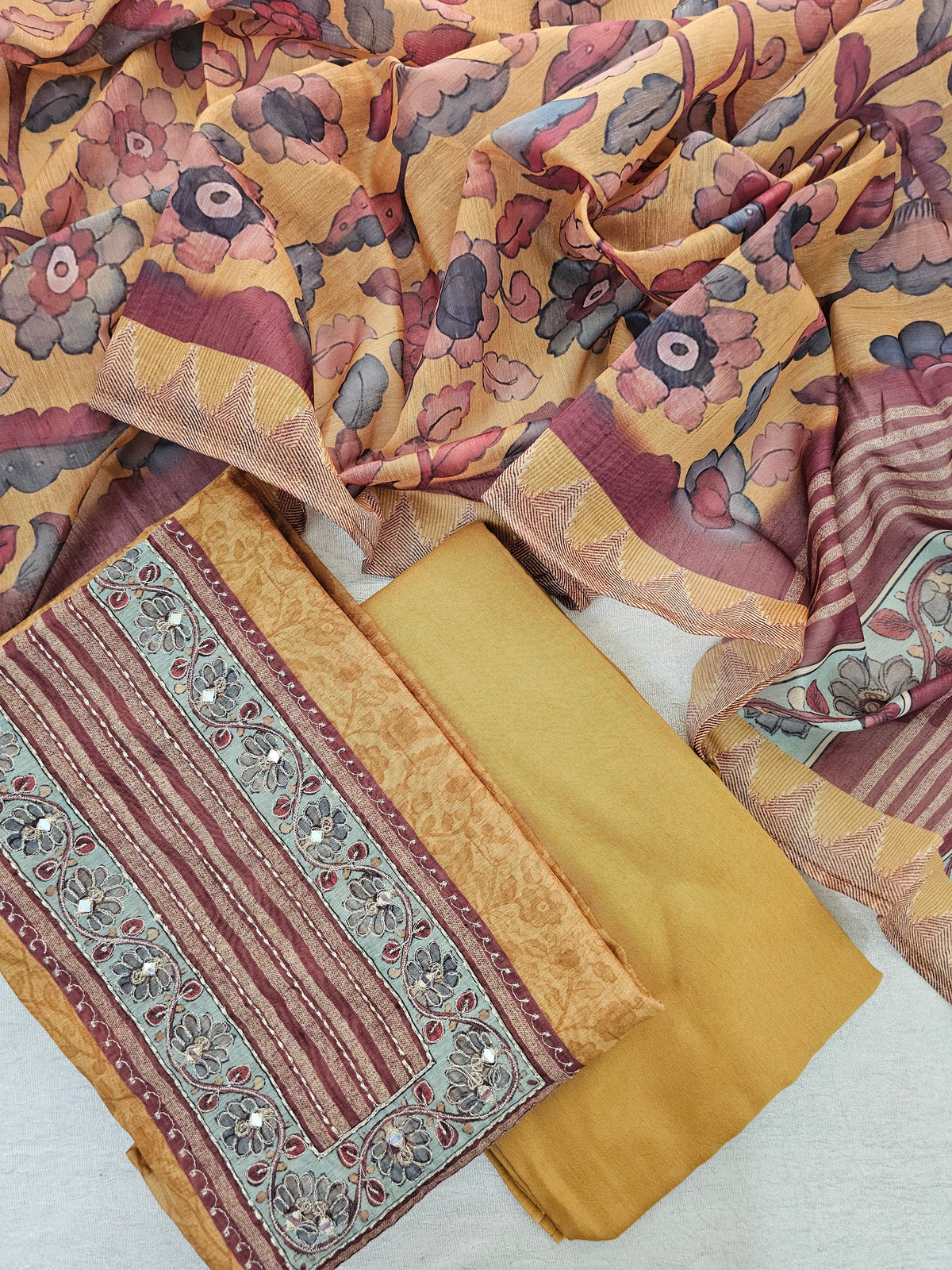 Chanderi with Kalamkari Unstitched Salwar Suit - Mustard Yellow with Maroon